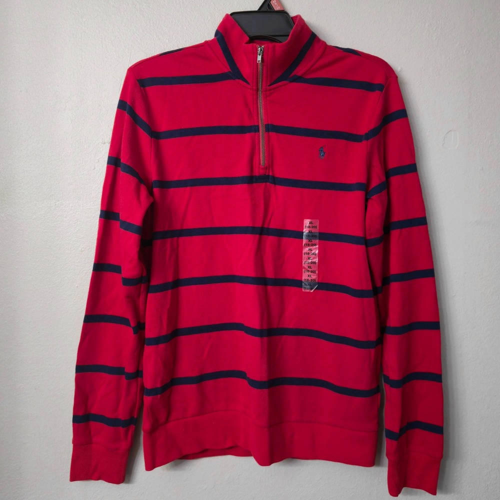 Polo Ralph Lauren Boys Red Navy Blue Striped Quarter Zip Pullover XL 18-20